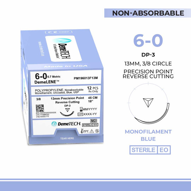 DemeTECH Polypropylene, 6-0, 18", DP-3 Non-Absorbable Suture, Precision Point Reverse Cutting, Blue 12/Box