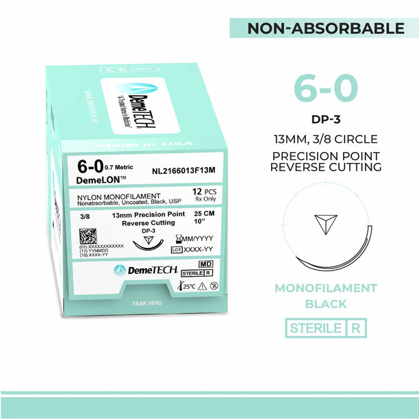 DemeTECH Nylon Monofilament, 6-0, 10", DP-3 Non-Absorbable Suture, Precision Point Reverse Cutting, Black 12/Box