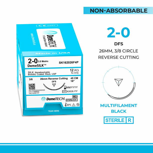 DemeTECH Silk, 2-0, 18", DFS Non-Absorbable Suture, Precision Point Reverse Cutting, Black 12/Box