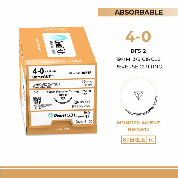 DemeTECH Chromic Gut, 4-0, 30", DFS-2 Absorbable Suture, Precision Point Reverse Cutting, Brown 12/Box