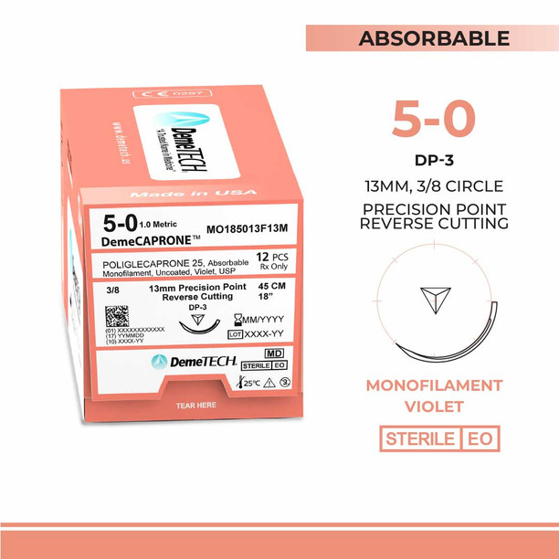 DemeTECH Poliglecaprone 25` (PGCL), 5-0, 18", DP-3 Absorbable Suture, Precision Point Reverse Cutting, Violet 12/Box