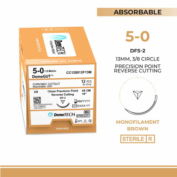 DemeTECH Chromic Gut, 5-0, 18", DP-3 Absorbable Suture, Precision Point Reverse Cutting, Brown 12/Box