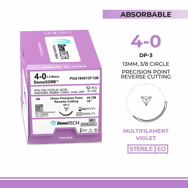 DemeTECH Polyglycolic Acid (PGA), 4-0, 18", DP-3 Synthetic Absorbable Suture, Precision Point Reverse Cutting, Violet 12/Box