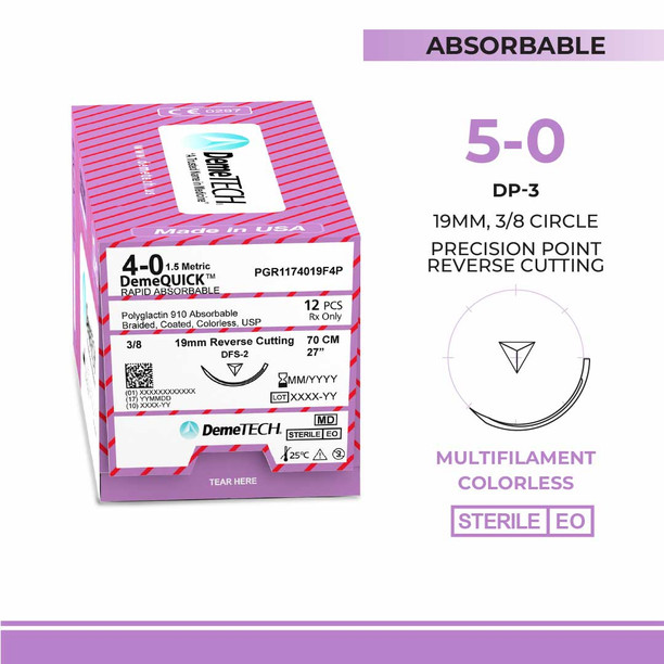 DemeTECH Rapid Absorbable, 5-0, 18", DP-3 Rapid Absorbable Suture, Precision Point Reverse Cutting, Undyed 12/Box