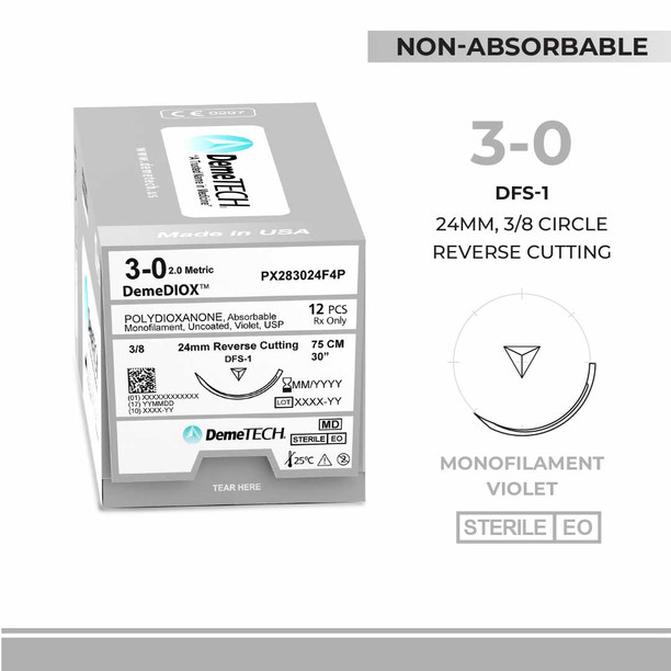 DemeTECH Polydioxanone (PX), 3-0, 30", DFS-1 Synthetic Absorbable Suture, Reverse Cutting, Violet 12/Box