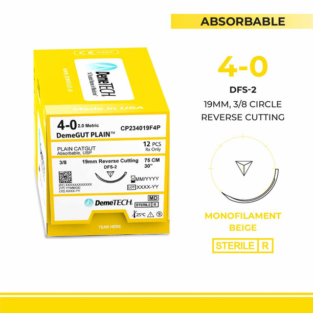 DemeTECH Plain Gut, 4-0, 30", DFS-2 Absorbable Suture, Reverse Cutting, Beige 12/Box