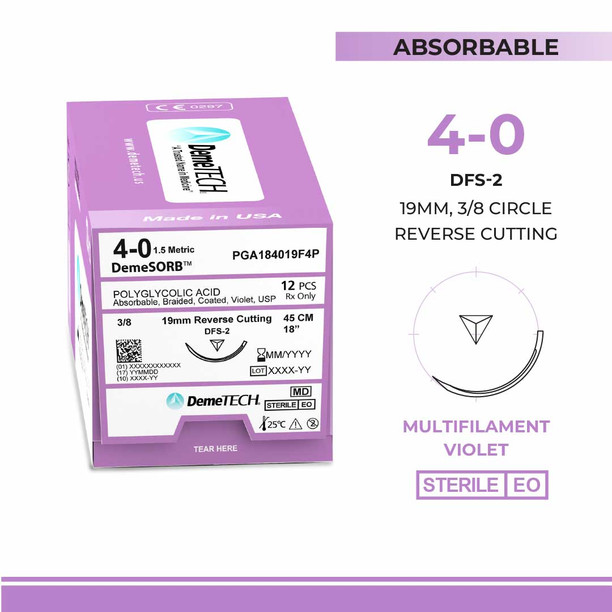 DemeTECH Polyglycolic Acid (PGA), 4-0, 18", DFS-2 Synthetic Absorbable Suture, Precision Point Reverse Cutting, Violet 12/Box