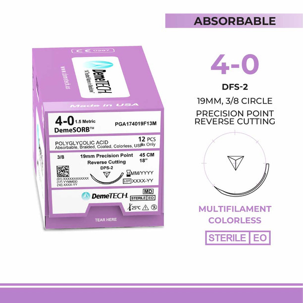 DemeTECH Polyglycolic Acid (PGA), 4-0, 18", DPS-2 Synthetic Absorbable Suture, Precision Point Reverse Cutting, Undyed 12/Box