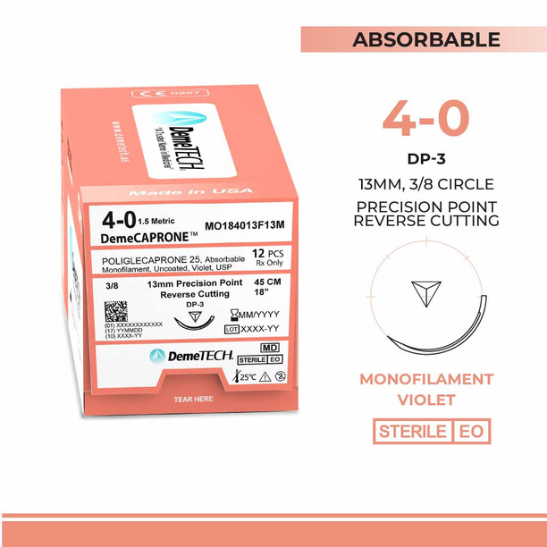 DemeTECH Poliglecaprone 25` (PGCL), 4-0, 18", DP-3 Absorbable Suture, Precision Point Reverse Cutting, Violet 12/Box