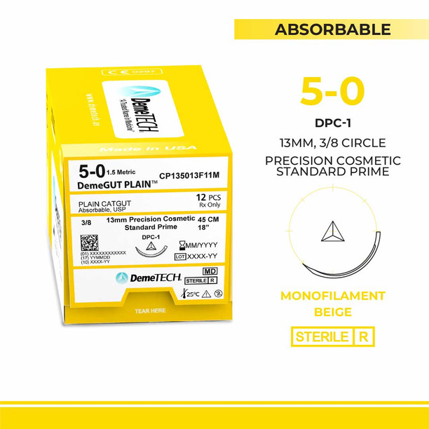 DemeTECH Plain Gut, 5-0, 18", DPC-1 Absorbable Suture, Reverse Cutting, Beige 12/Box