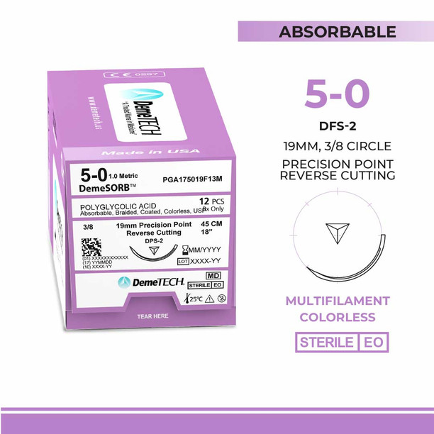 DemeTECH Polyglycolic Acid (PGA), 5-0, 18", DPS-2 Synthetic Absorbable Suture, Precision Point Reverse Cutting, Undyed 12/Box