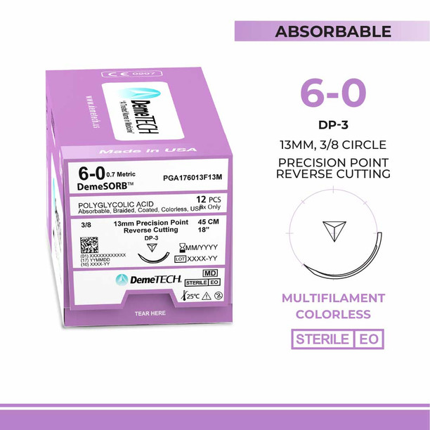 DemeTECH Polyglycolic Acid (PGA), 6-0, 18", DP-3 Synthetic Absorbable Suture, Precision Point Reverse Cutting, Undyed 12/Box