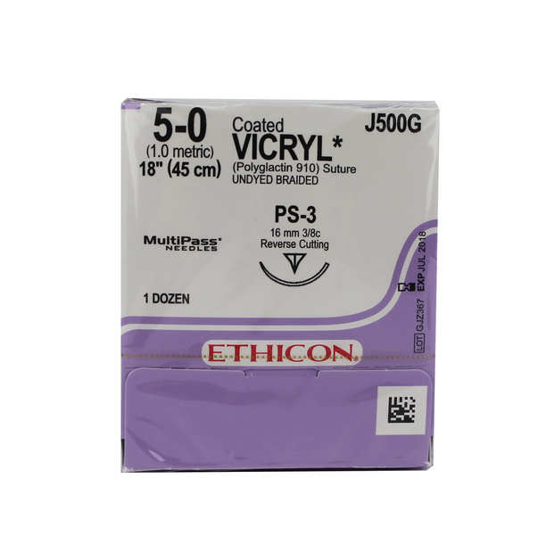 Ethicon 5-0, COATED VICRYL® (polyglactin 910) Absorbable Suture, PS-3, Reverse Cutting Edge Prime, Undyed, 18", (45cm) | J500G