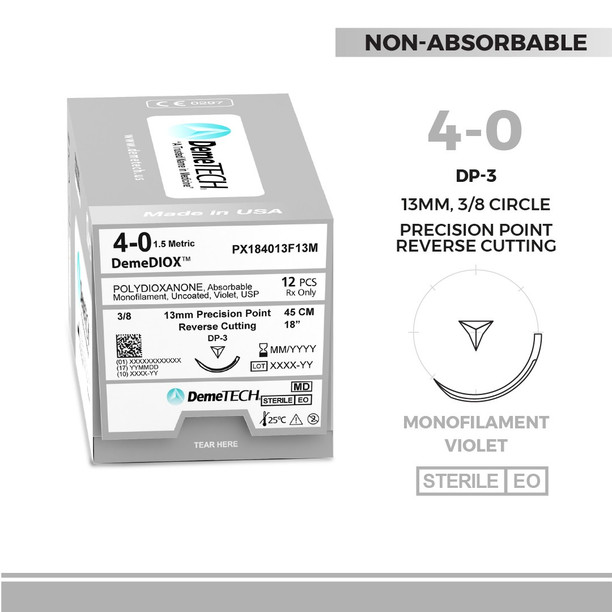 DemeTECH PX184013F13M DemeDIOX Polydioxanone Suture, 4-0, 18", DP-3 Synthetic, Absorbable Suture, Reverse Cutting, Violet, 12/Box