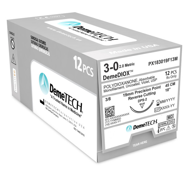 DemeTECH Polydioxanone, 3-0, 18", DPS-2 Absorbable Suture, Reverse Cutting, Violet 12/Box