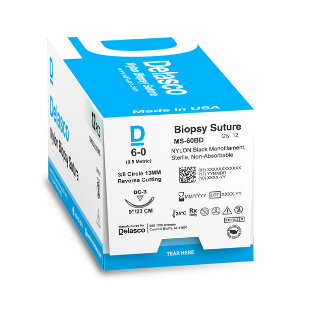 Delasco MS-60BD Nylon Biopsy Suture, Monofilament, 6-0, Non-Absorbable, C-3, Black, 9"