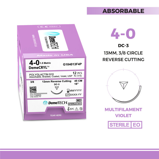 DemeTECH Polyglactin 910, 4-0, 18", DC-3 Synthetic Absorbable Suture, Reverse Cutting, Violet 12/Box