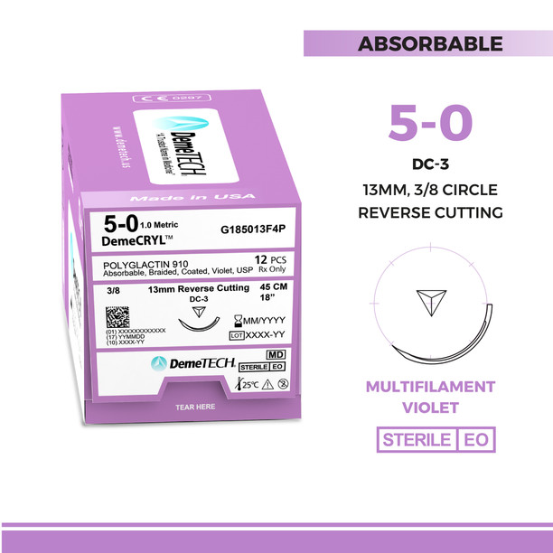 DemeTECH Polyglactin 910, 5-0, 18", DC-3 Synthetic Absorbable Suture, Reverse Cutting, Violet 12/Box