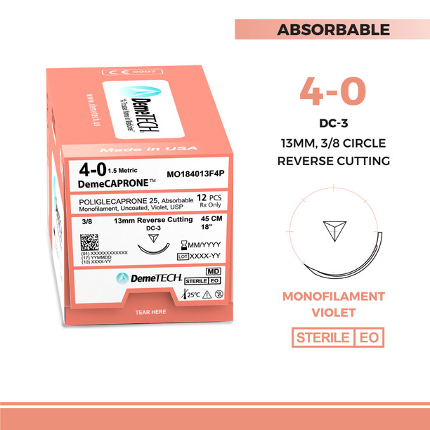 DemeTECH Poliglecaprone 25 (PGCL), 4-0, 18", DC-3 Absorbable Suture, Reverse Cutting, Violet 12/Box