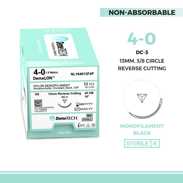 DemeTECH Nylon Monofilament, 45 cm, Black, 4/0 USP, 13 mm, 3/8 Circle, Reverse Cutting