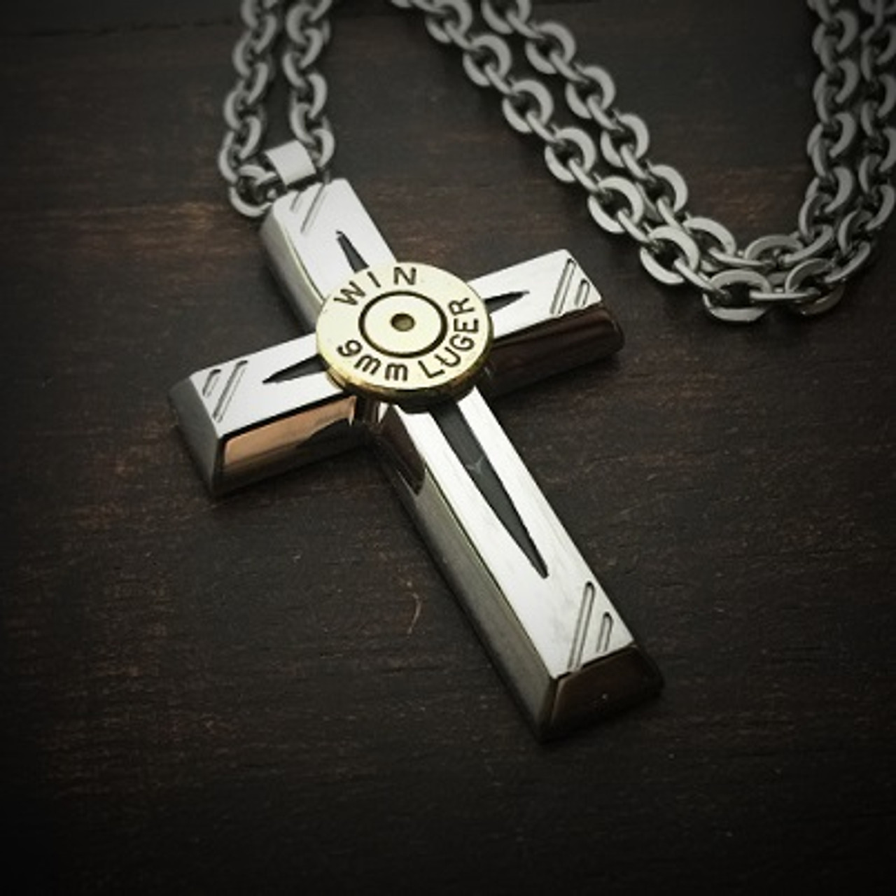 Stainless Steel Cross Bullet Necklace with 9 mm Bullet. Optional Crystal. |  eBay