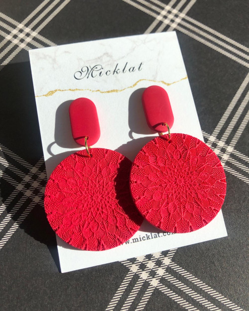 Stella RTM2  - red textured - mandala - Handmade Earrings - MICKLAT  - Polymer Clay