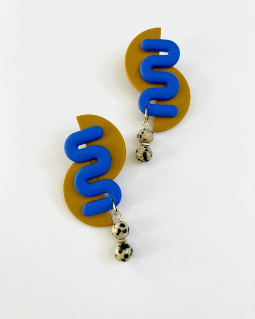 Brielle MYBBDJ  - bright blue and mustard yellow earrings and Dalmatian jasper - Handmade Earrings - MICKLAT  - Polymer Clay