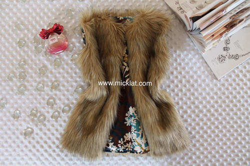 Brown Wolf - Handmade toddler girls faux fur long vest - brown- 3T-4T toddler size  - MICKLAT