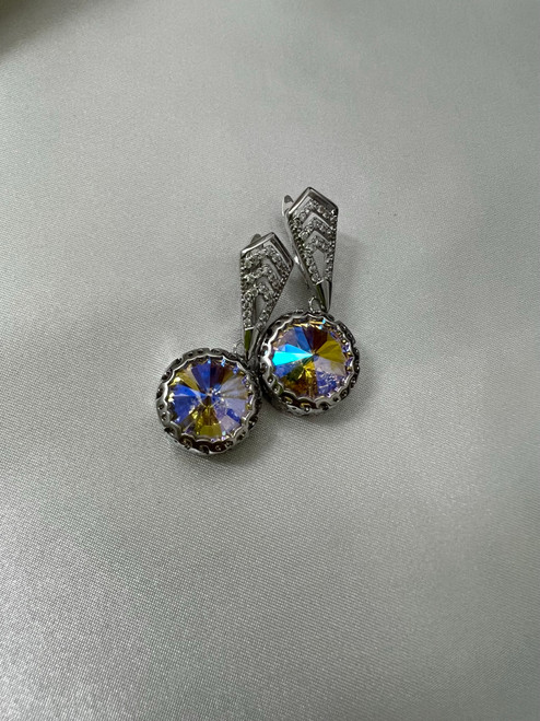 Jasmine - 14 mm Rivoli Crystal earrings, BLUE ROSE YELLOW, 925 sterling silver clasp hooks.  - Handmade Earrings - MICKLAT