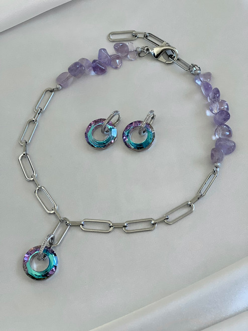Ayla - Half Chain & Half Amethyst Necklace Set With Premium LIGHT VITRAIL Crystal Rings & Rhodium plated earrings - purple & silver - Handmade Necklace - MICKLAT