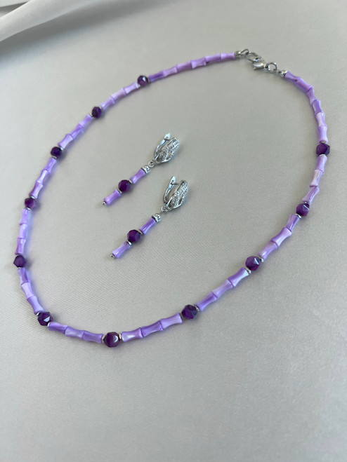 Sage - UNIQUE Natural Amethyst & Freshwater Shell necklace set with Rhodium Earrings - purple & silver - Handmade Necklace - MICKLAT