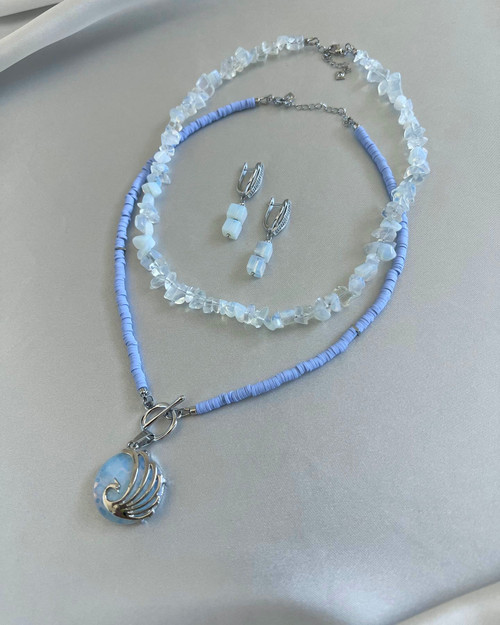 Sage - UNIQUE Natural Opal & Polymer Clay Beads Necklace Set with Natural Opal Pendant and Rhodium Plated Earrings - Blue & silver - Handmade Necklace - MICKLAT