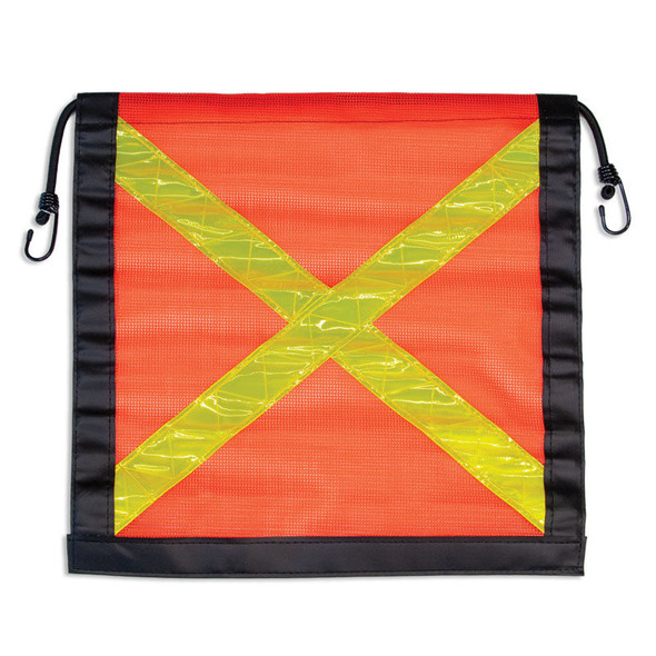 Heavy Haul Blaze Orange Polyester Jersey Transport Flags with Lime Reflective "X" Mounted on Bungee Cord with Hooks (18 in x 18 in) | Incom Signs | All Safety