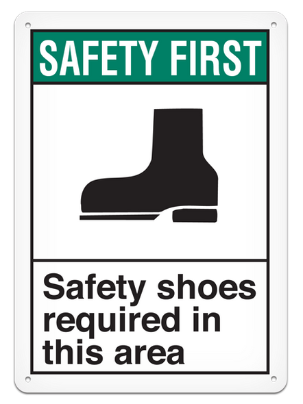 SAFETY FIRST SAFETY SHOES REQUIRED IN THIS AREA ANSI style Safety Sign (10in x 14in) (Pack of 15) | Incom Signs | All Safety