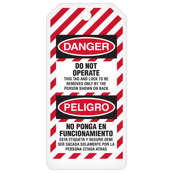 DANGER DO NOT OPERATE/PELIGRO NO PONGA EN FUNCIONAMIENTO Bilingual Striped Safety Tags-on-a-Roll 3 in x 6.25 in with Dispenser Box | Incom Signs | All Safety