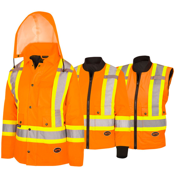 Women's Hi-Vis 7-In-1 Waterproof Jacket with Hood - Hi-Vis Orange | Pioneer 5020W | All Safety