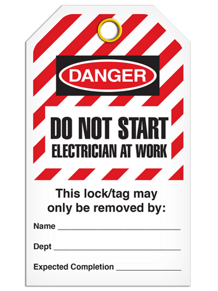 Lockout "Do Not Start Electrician At Work" Striped Tag - 25/pkg TG6029