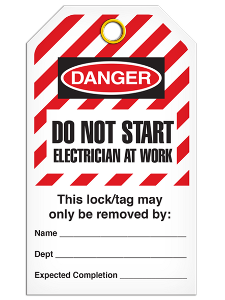 LOCKOUT DO NOT START ELECTRICIAN AT WORK DuraPly™ Tag (25/pkg) Striped | Incom Signs | All Safety