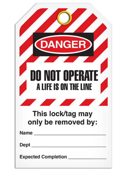 LOCKOUT DO NOT OPERATE A LIFE IS ON THE LINE Striped Tag - 25/pkg | Incom Signs | All Safety