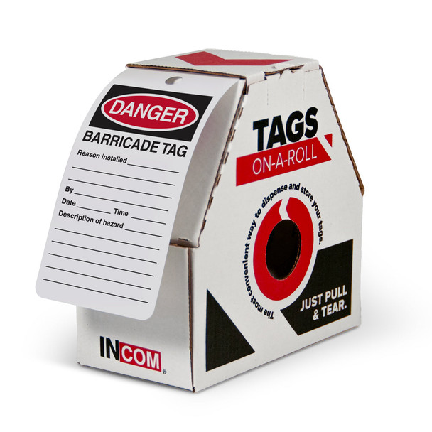 DANGER BARRICADE TAG Safety Tags-on-a-Roll 3 in x 6.25 in with Dispenser Box | Incom Signs | All Safety