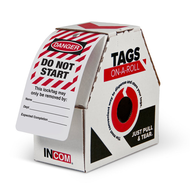 DANGER DO NOT START Striped Safety Tags-on-a-Roll 3 in x 6.25 in with Dispenser Box | Incom Signs | All Safety