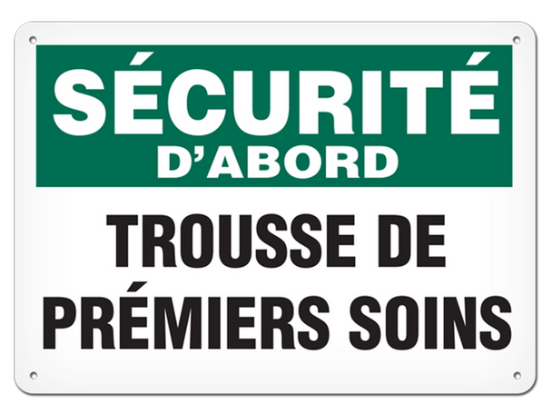 OSHA Safety Sign | Securite D'abord Trousse Premiers Soins SSF5001V, SSF5001A, SSF5001P, SCF5001V, SCF5001A, SCF5001P, SAF5001V, SAF5001P