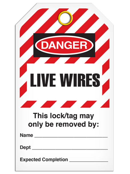 LOCKOUT LIVE WIRES DuraPly™ Tag (25/pkg) Striped | Incom Signs | All Safety