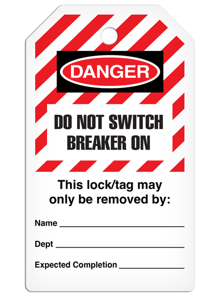 LOCKOUT DO NOT SWITCH BREAKER ON DuraPlyâ„¢ Tag (25/pkg) Striped | Incom Signs | All Safety