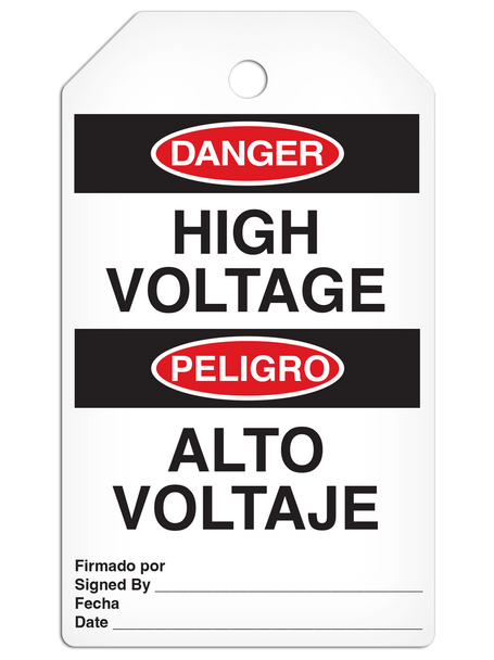 DANGER HIGH VOLTAGE English/Spanish Bilingual Tag - 25/pkg | Incom Signs | All Safety