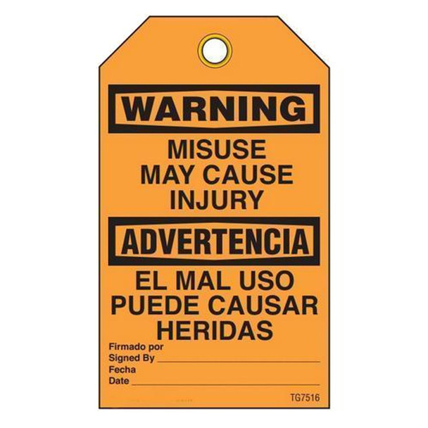 Warning "Misuse May Cause Injury" Bilingual E/S Tag - 25/pkg TG7516