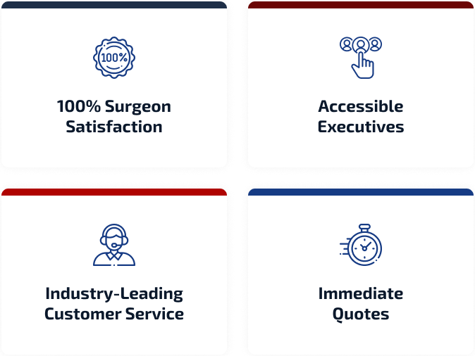 100% Surgeon Satisfaction, Accessible executives, Industry-Leading customer service, Immediate Quotes