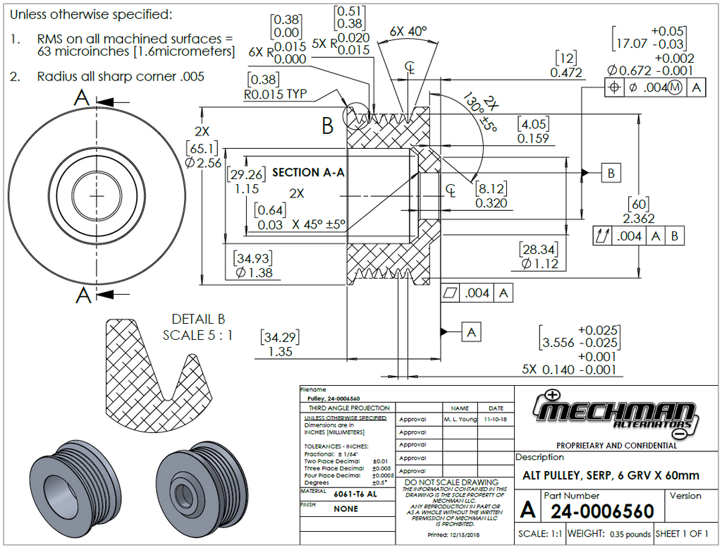 Ford/Vette 6 rib pulley, black hard anodized aluminum