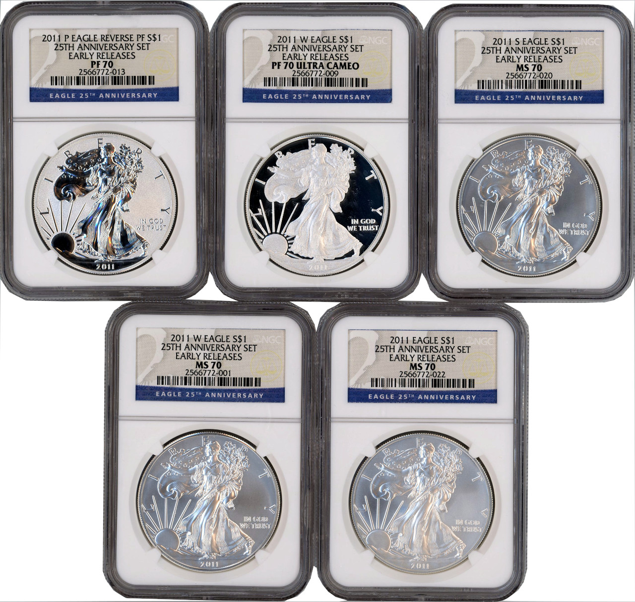 2011 Silver Eagle 25th Anniversary 5-pc Set NGC MS70/PF70 | LCR Coin