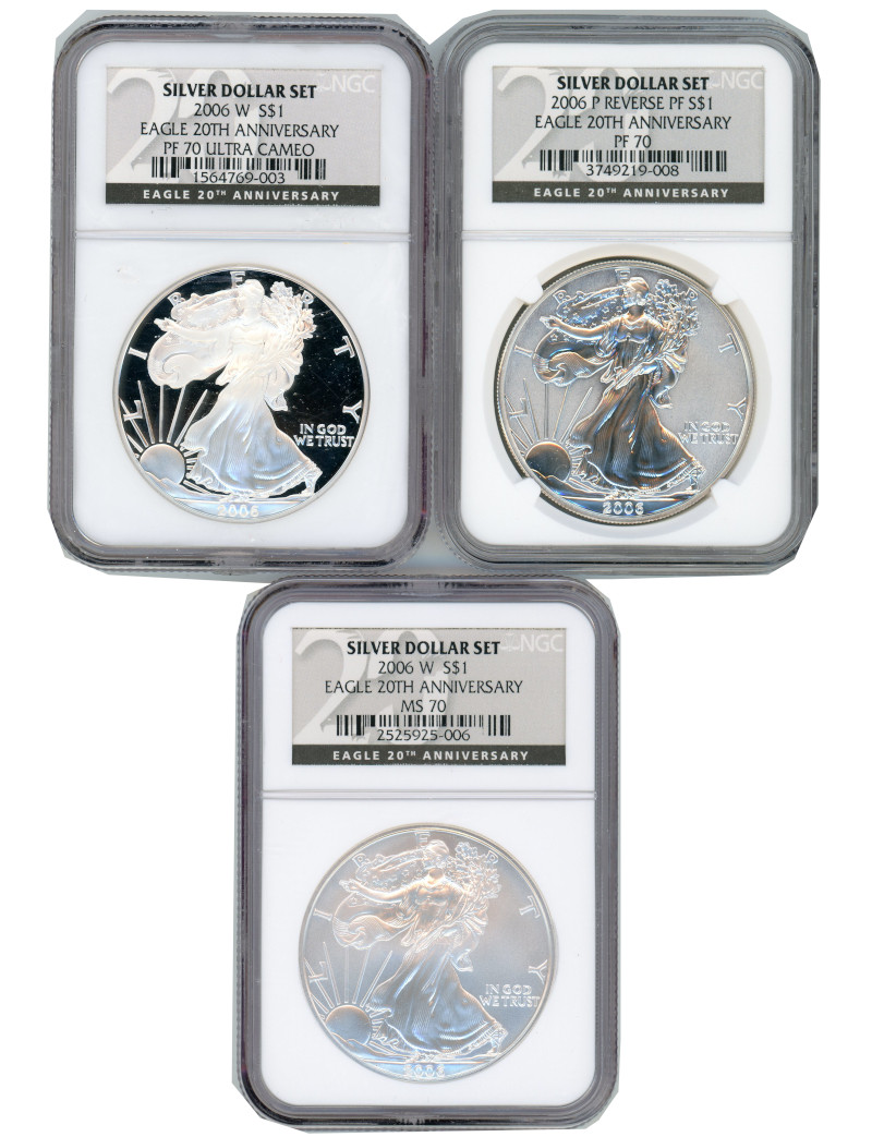 2006 Silver Eagle 20th Anniversary 3pc Set NGC PF70 MS70 | LCR Coin